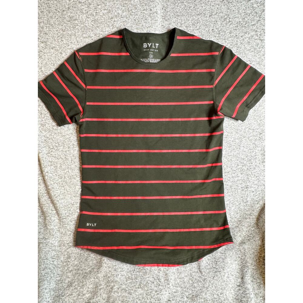 BYLT Drop Cut Short Sleeves T-Shirt Mens Size M Olive Green Striped Curved Hem